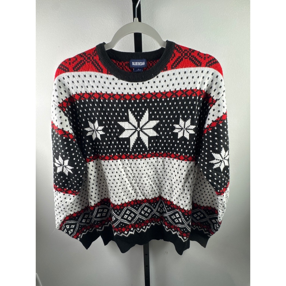 Blue Ocean Vintage Christmas Sweater Large Red Black White Fair Isle Snowflake